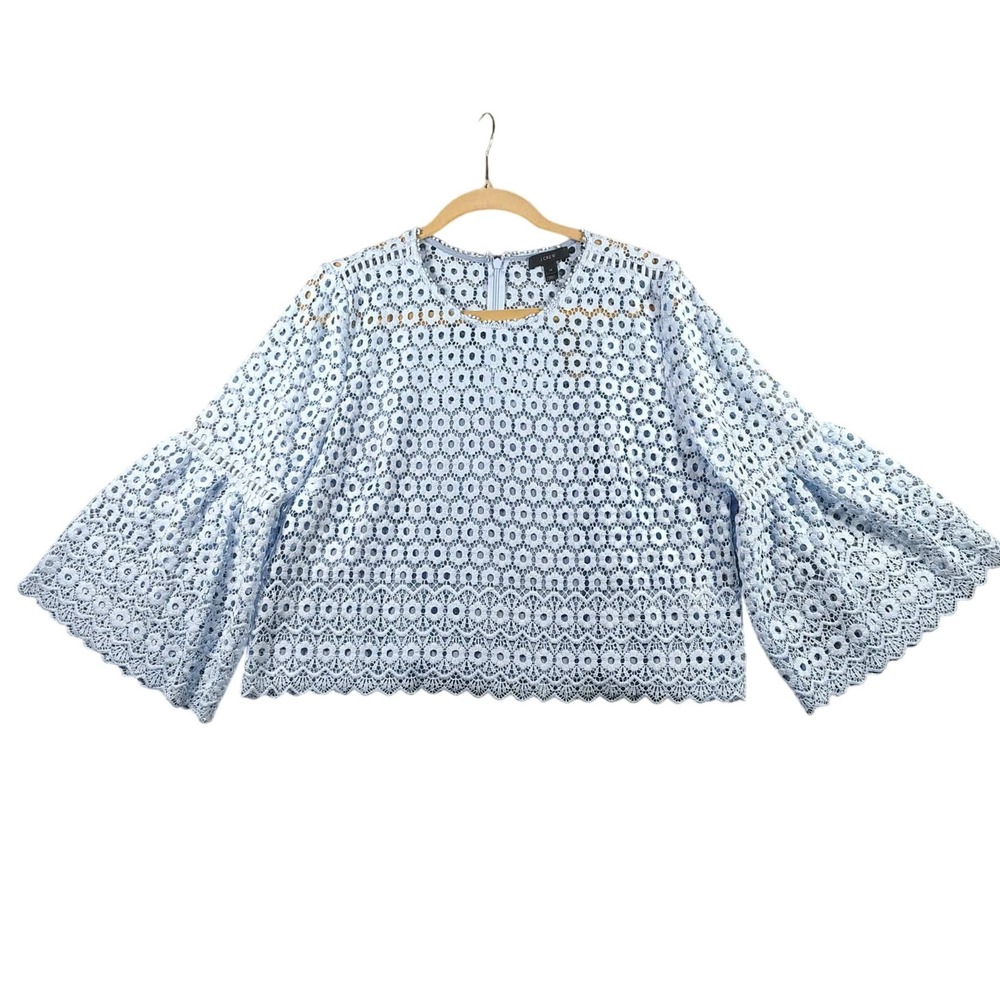 J.Crew Blouse Eyelet Lace Bell Sleeve Blue Floral Cottagecore Women 14